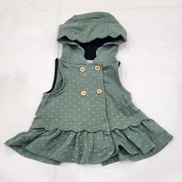 Tahari Girl Size 12M Green Polka Dot Button Front Sleeveless Hood Ruffle Top - Picture 1 of 4